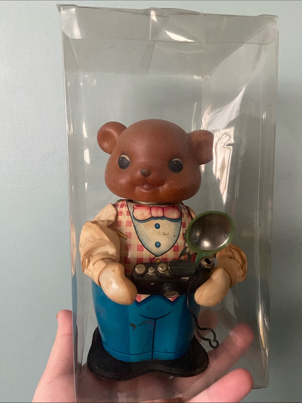 Vintage Wind Up Tin Toy Bear with Camera
